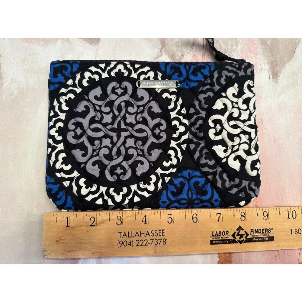 Vera Bradley Cosmetic Bag Pouch Black Blue Medallion Pattern Quilted Zip Closure